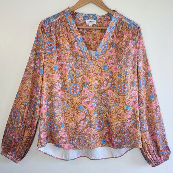 Current Air Tops - Current Air Anthropologie Jewel Tone Floral Blouse Breezy Flowy Women's Medium